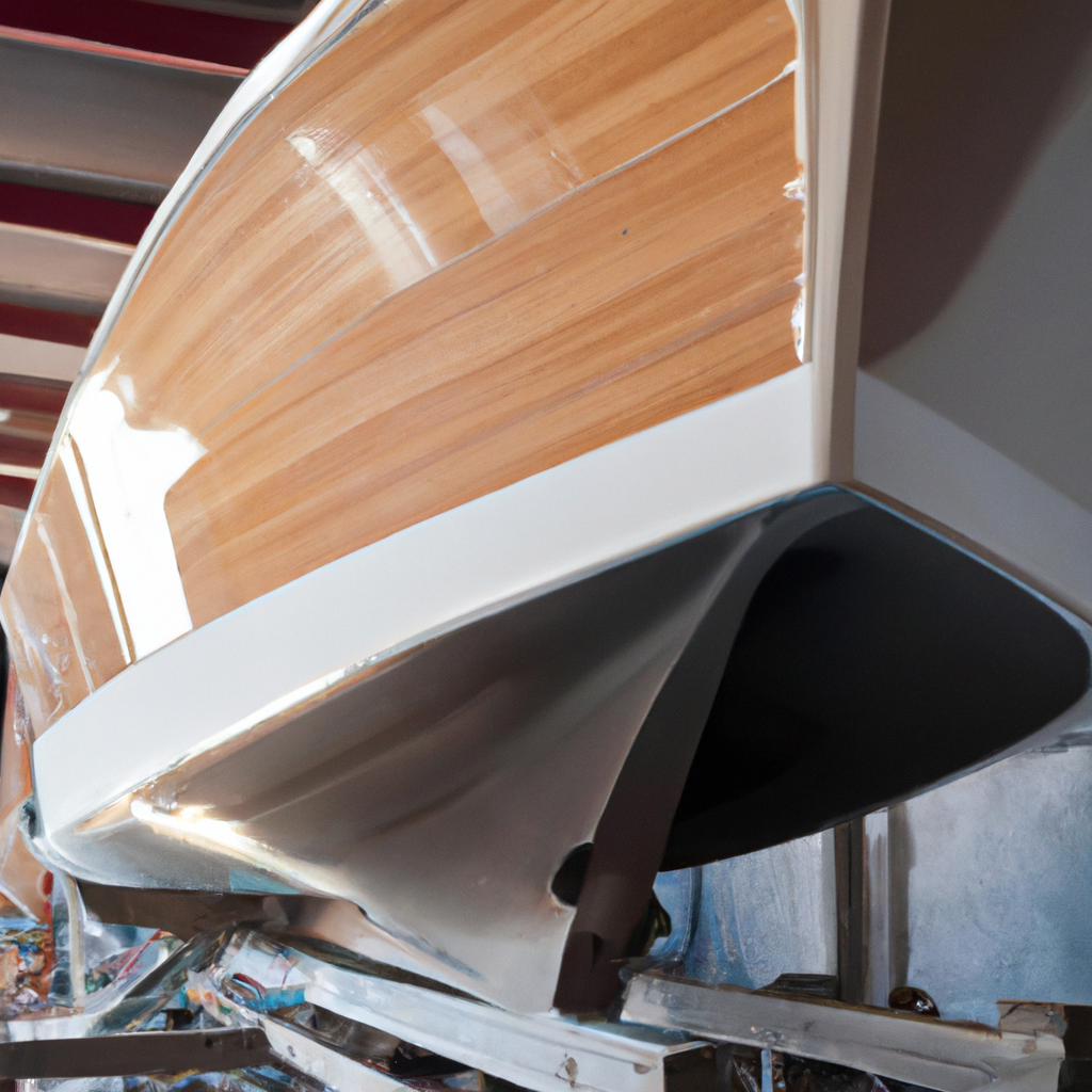 Interno del cantiere nautico con banchi da lavoro, attrezzi e una barca in manutenzione